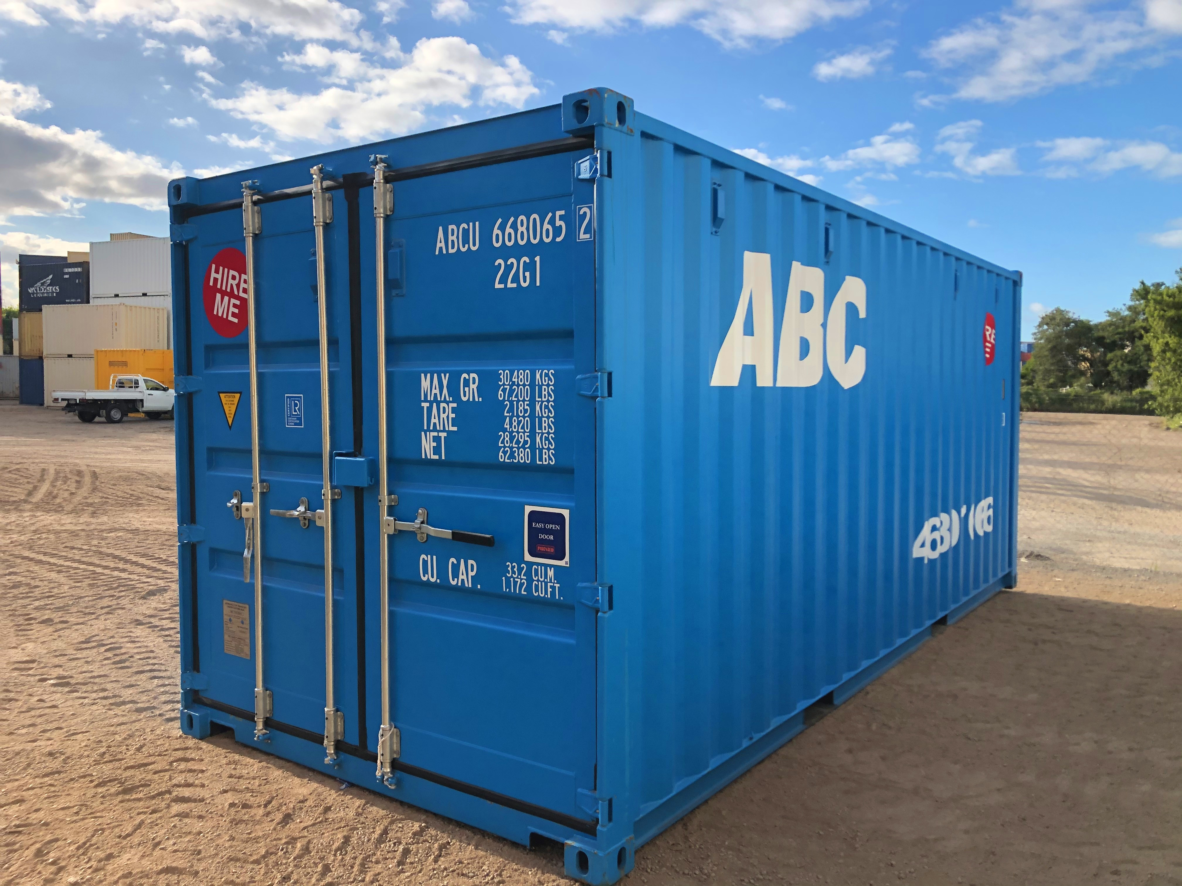 Blue ABC shipping container